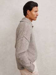 Taupe Brown Melange - Reiss Vatali Wool-Blend Relaxed Open-Collar Jumper - Imagen 5 de 9