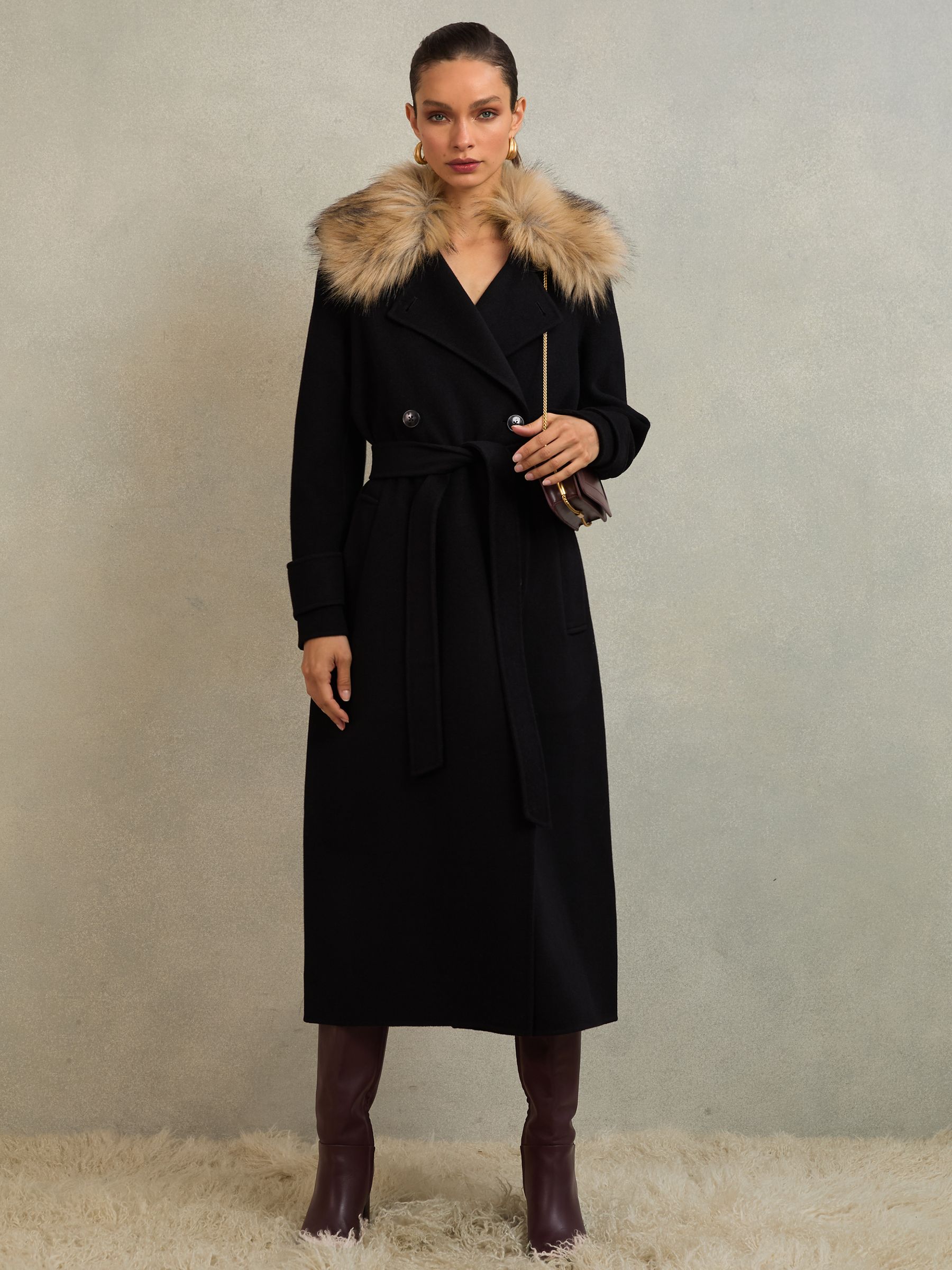 Reiss Atelier Black Atelier Wool Faux-fur Collar Coat In Black