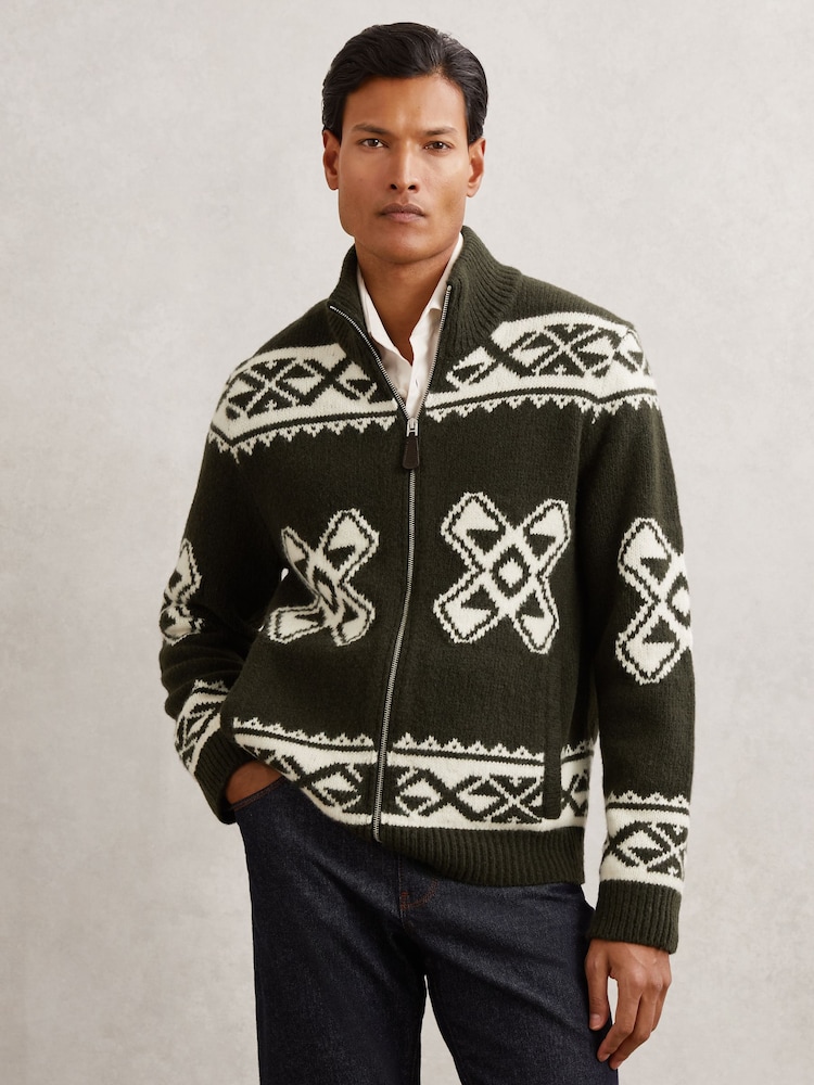 Reiss Forest Green Hans Wool-Blend Fair Isle Zip Jumper - Image 1 of 6 Reiss Forest Green Hans Wool-Blend Fair Isle Zip Jumper - Image 1 of 6