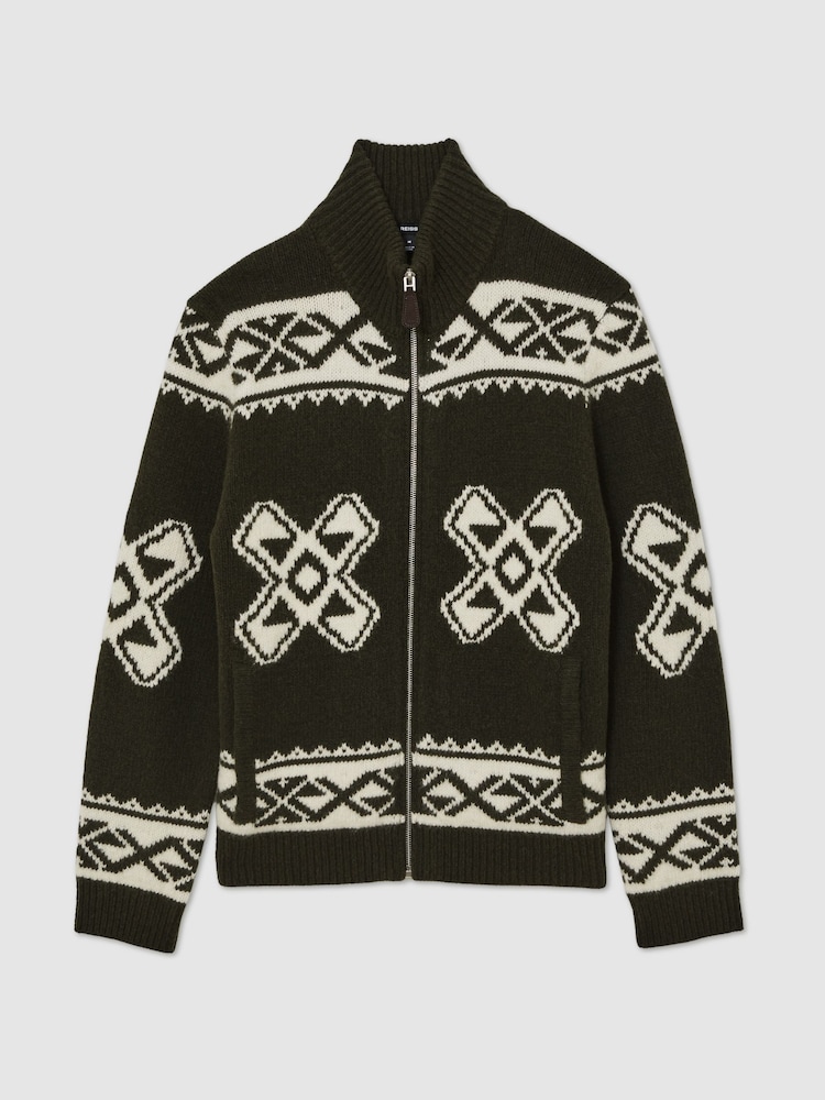 Reiss Forest Green Hans Wool-Blend Fair Isle Zip Jumper - Image 2 of 6 Reiss Forest Green Hans Wool-Blend Fair Isle Zip Jumper - Image 2 of 6