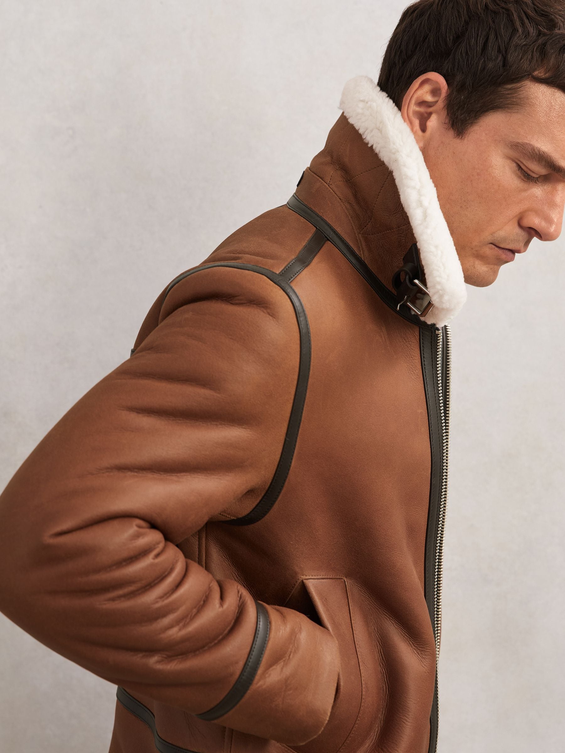 Buy Reiss Cognac Brown Harven Leather Shearling-Collar Jacket from