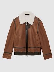 Reiss Cognac Brown Harven Leather Shearling-Collar Jacket - Image 2 of 7