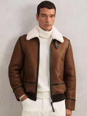 Reiss Cognac Brown Harven Leather Shearling-Collar Jacket - Image 3 of 7