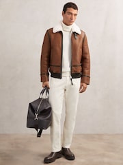 Reiss Cognac Brown Harven Leather Shearling-Collar Jacket - Image 4 of 7