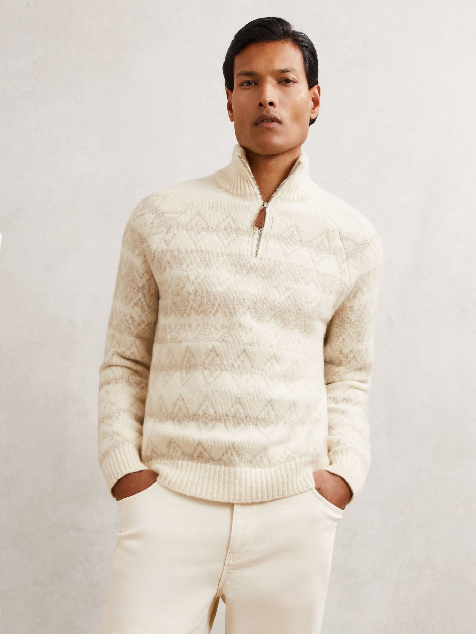 トップス ORIMI GRITTER KNIT PORO 24ss Buy Reiss Winter White/Oatmeal Claus Wool-Blend Fair Isle Half-Zip