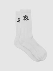 Reiss White Marcus Monogram Cotton-Blend Ribbed Socks - Image 1 of 4