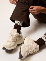 Reiss Chocolate Brown/Ecru/Navy Maurice Monogram Cotton-Blend Rib Sport Socks - Image 1 of 4
