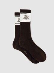 Reiss Chocolate Brown/Ecru/Navy Maurice Monogram Cotton-Blend Rib Sport Socks - Image 2 of 4