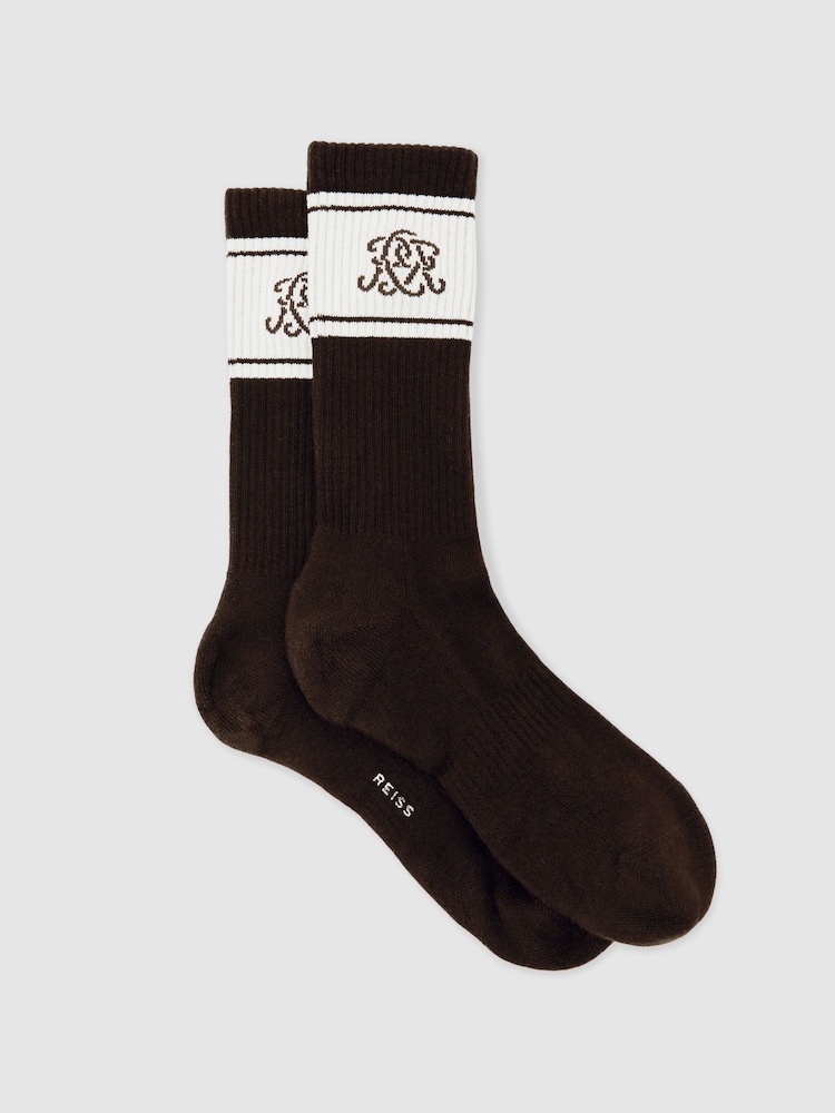 Reiss Chocolate Brown/Ecru/Navy Maurice Monogram Cotton-Blend Rib Sport Socks - Image 2 of 4