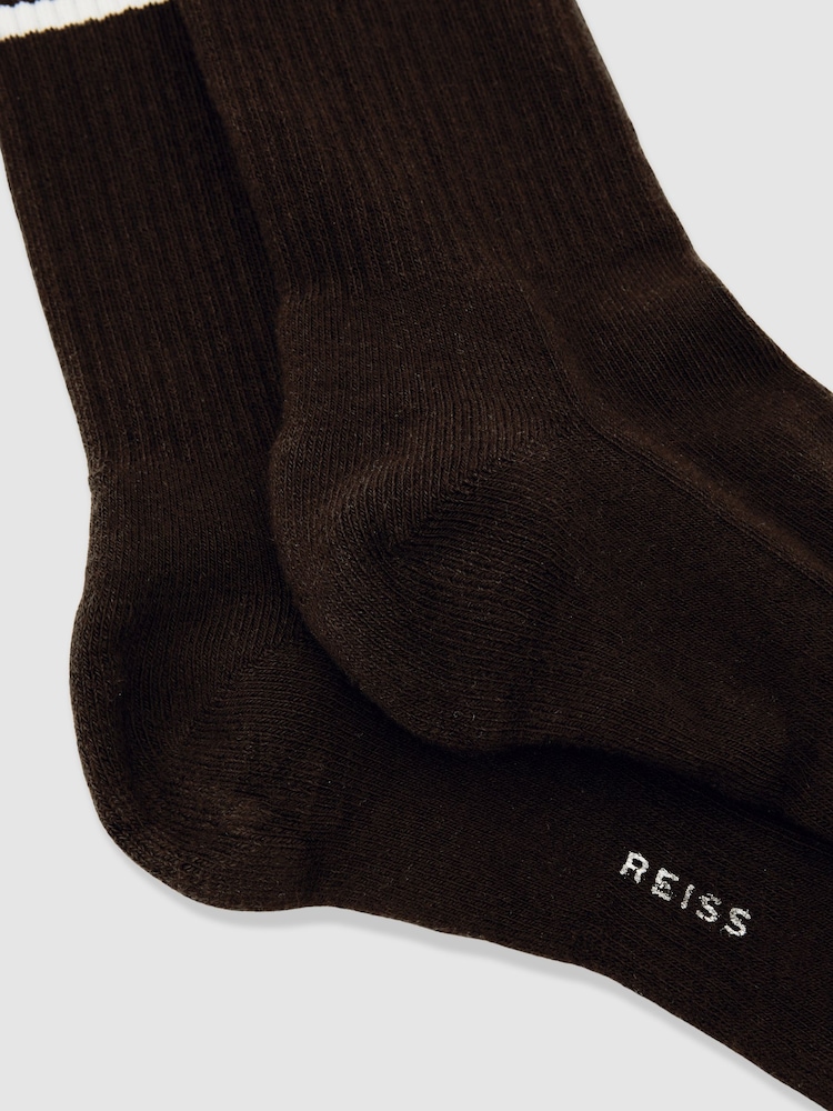 Reiss Chocolate Brown/Ecru/Navy Maurice Monogram Cotton-Blend Rib Sport Socks - Image 4 of 4