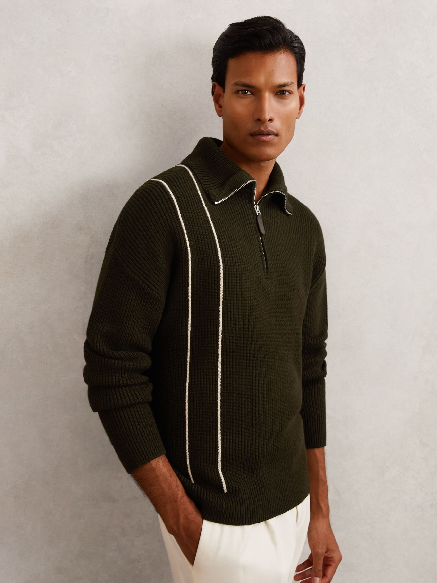 Buy Reiss Dark Olive Green Stoneman Rib-Knit Stitch-Detail Half