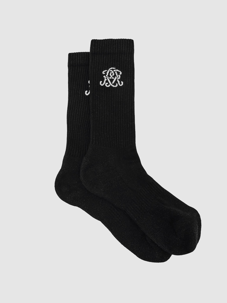 Reiss Black Marcus Monogram Cotton-Blend Ribbed Socks - Image 1 of 4 Reiss Black Marcus Monogram Cotton-Blend Ribbed Socks - Image 1 of 4