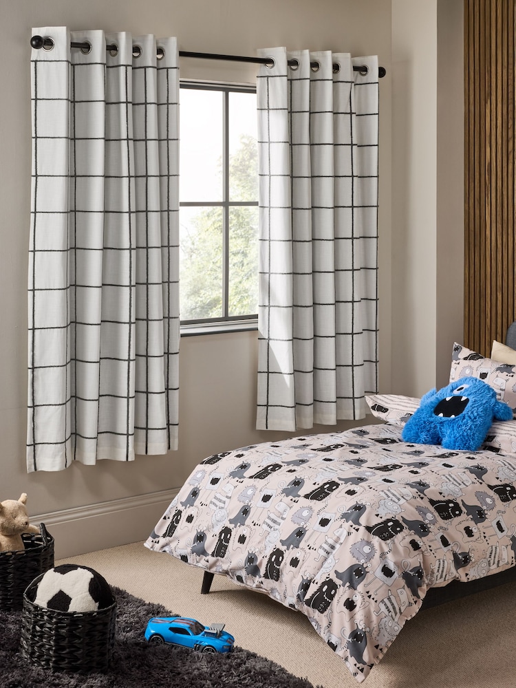 Monochrome Grid Eyelet Blackout Curtains - Image 1 of 2