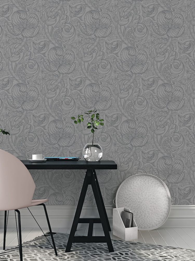 Laurence Llewelyn-Bowen Silver Grey Down The Dilly Floral Print A4 Wallpaper Sample - Image 1 of 4 Laurence Llewelyn-Bowen Silver Grey Down The Dilly Floral Print A4 Wallpaper Sample - Image 1 of 4