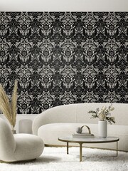 Laurence Llewelyn-Bowen Black Damask Sauvage Flock A4 Wallpaper Sample - Image 1 of 5