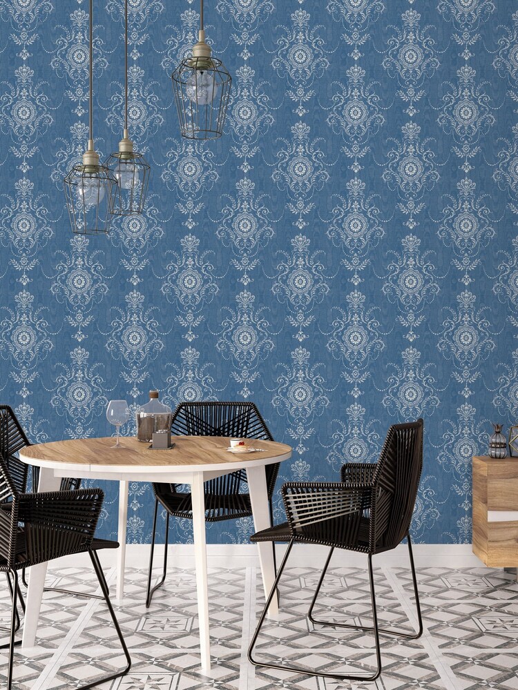 Galerie Blue French Country Damask A4 Wallpaper Sample - Image 1 of 2