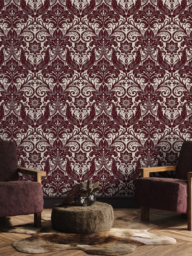 Laurence Llewelyn-Bowen Red Damask Sauvage Flock A4 Wallpaper Sample - Image 1 of 5 Laurence Llewelyn-Bowen Red Damask Sauvage Flock A4 Wallpaper Sample - Image 1 of 5