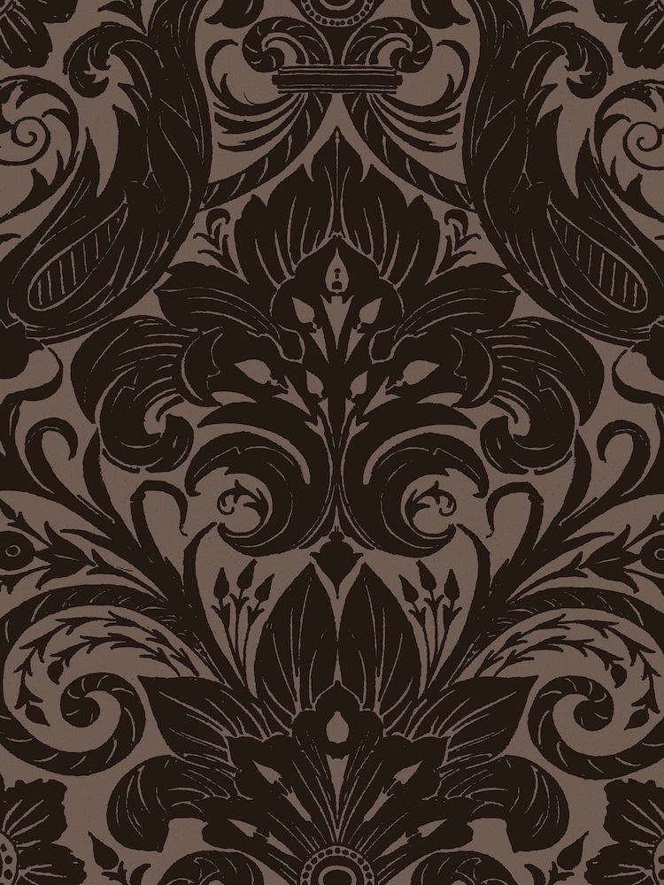 Laurence Llewelyn-Bowen Bronze Brown Damask Sauvage Flock A4 Wallpaper Sample - Image 2 of 5 Laurence Llewelyn-Bowen Bronze Brown Damask Sauvage Flock A4 Wallpaper Sample - Image 2 of 5