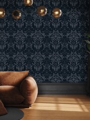 Laurence Llewelyn-Bowen Blue Damask Sauvage Flock A4 Wallpaper Sample - Image 1 of 4