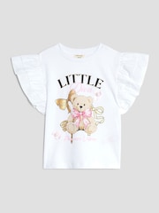 River Island White Girls Frill Sleeve Bear Print T-Shirt - Image 1 of 4