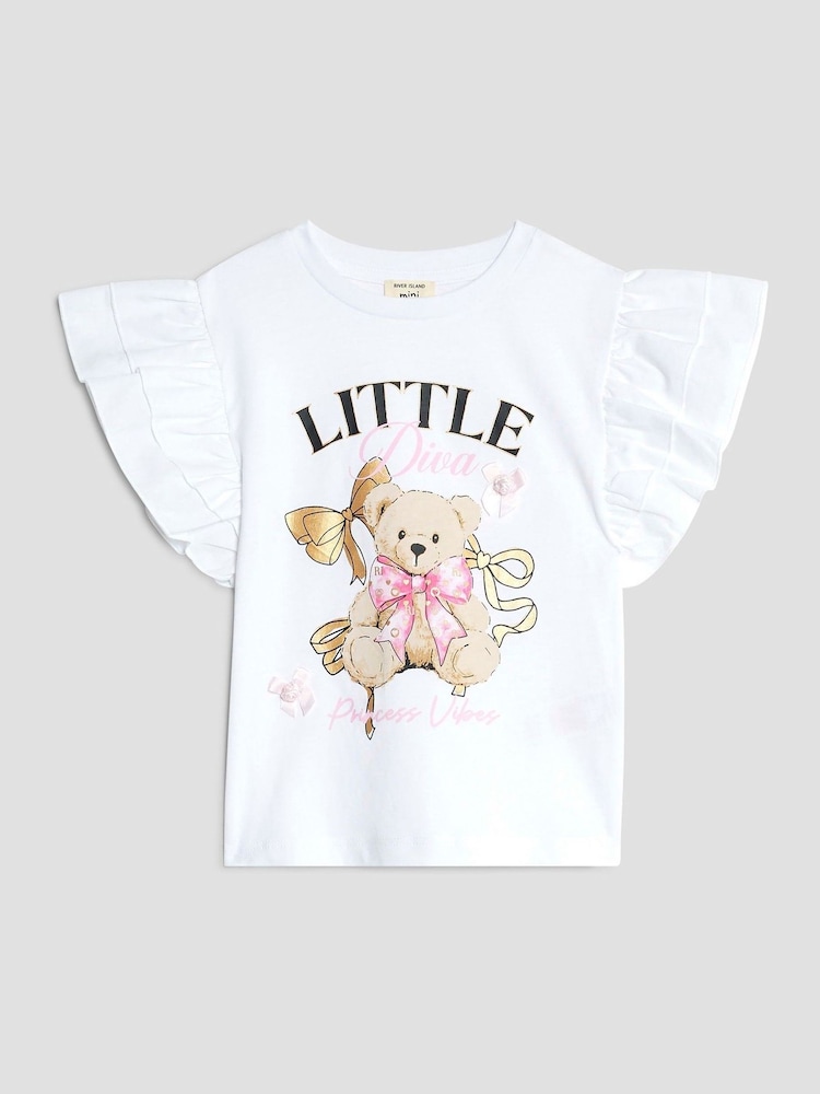 River Island White Girls Frill Sleeve Bear Print T-Shirt - Image 1 of 4