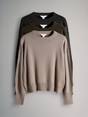 The Set 3 Pack Fine Knitted Crew Neck Jumpers Black/Brown/Neutral - Image 14 of 15