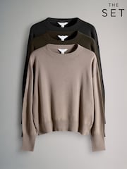 The Set 3 Pack Fine Knitted Crew Neck Jumpers Black/Brown/Neutral - Image 15 of 15