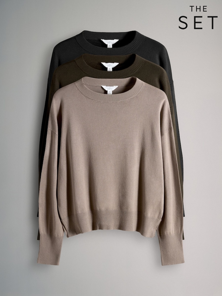 The Set 3 Pack Fine Knitted Crew Neck Jumpers Black/Brown/Neutral - Image 15 of 15