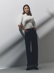 The Set 2 Pack Knitted Ribbed Polo Tops Navy Blue/Cream - Image 4 of 6