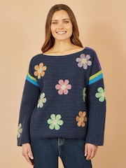 Yumi Blue Crochet Flower Print Jumper - Image 1 of 4