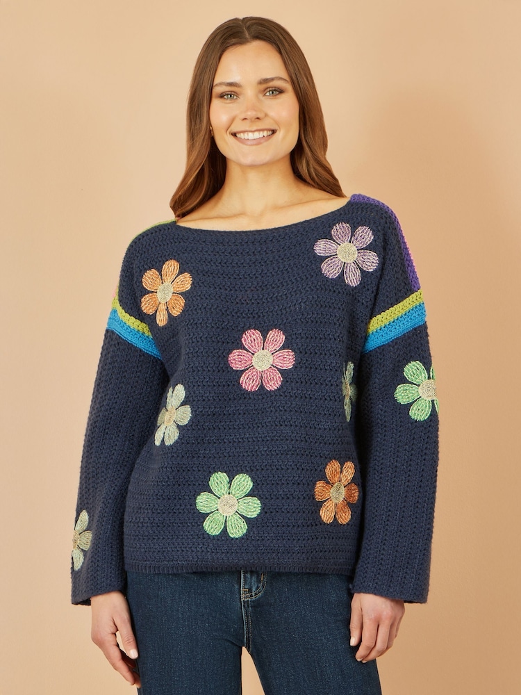 Yumi Blue Crochet Flower Print Jumper - Image 1 of 4