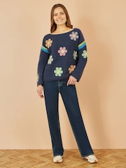 Yumi Blue Crochet Flower Print Jumper - Image 2 of 4