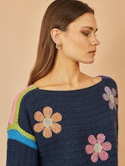 Yumi Blue Crochet Flower Print Jumper - Image 3 of 4