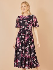 Yumi Black Mesh Skater Floral Print Midi Dress - Image 1 of 4