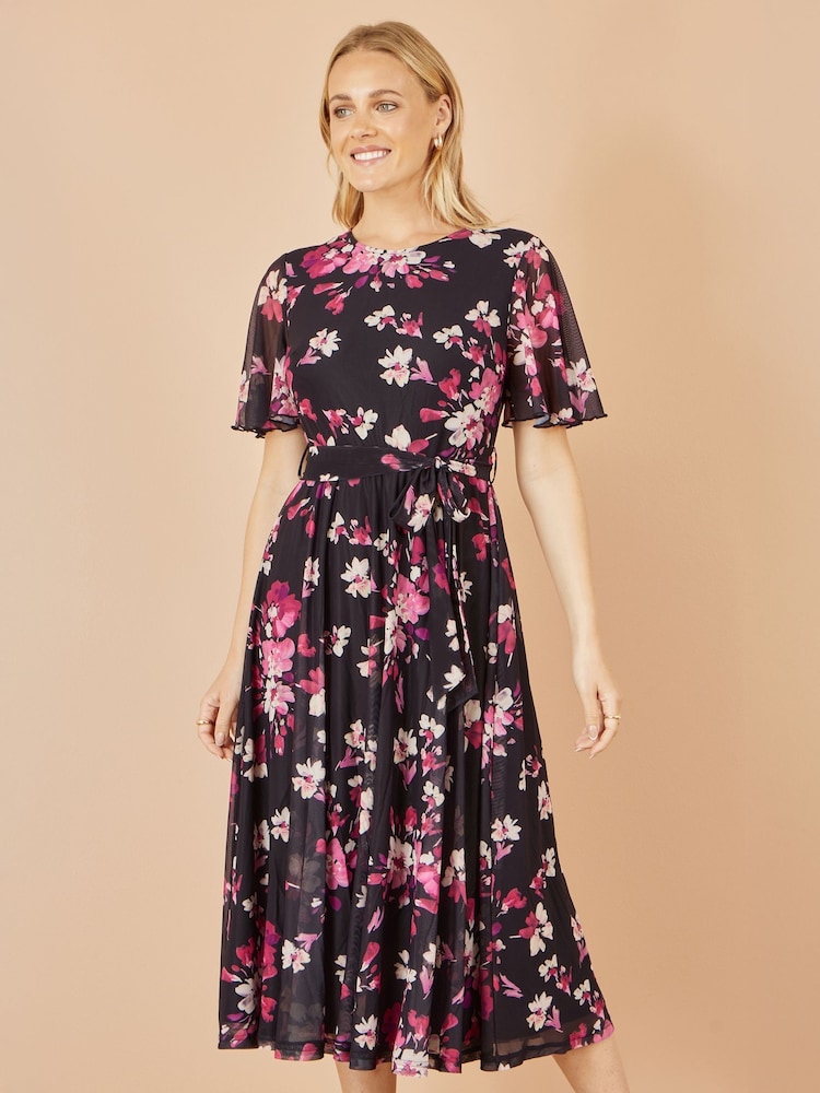 Yumi Black Mesh Skater Floral Print Midi Dress - Image 1 of 4