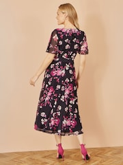 Yumi Black Mesh Skater Floral Print Midi Dress - Image 3 of 4