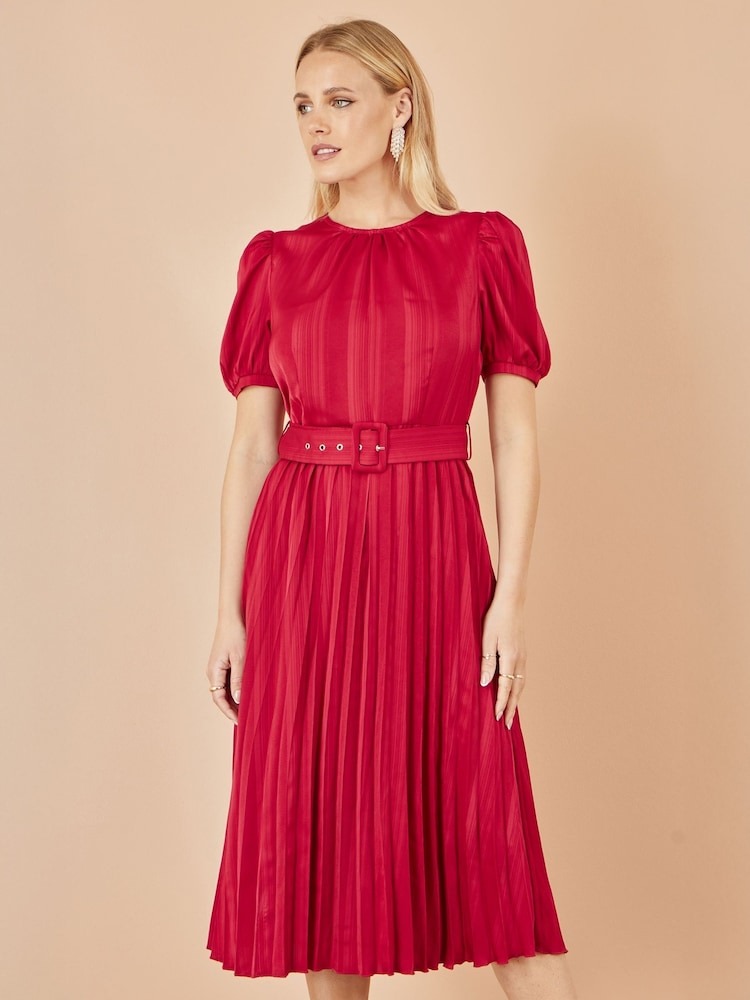 Yumi Red Satin Striped Midi Dress With Pleats and Matching Belt - Image 1 of 4 Yumi Red Satin Striped Midi Dress With Pleats and Matching Belt - Image 1 of 4