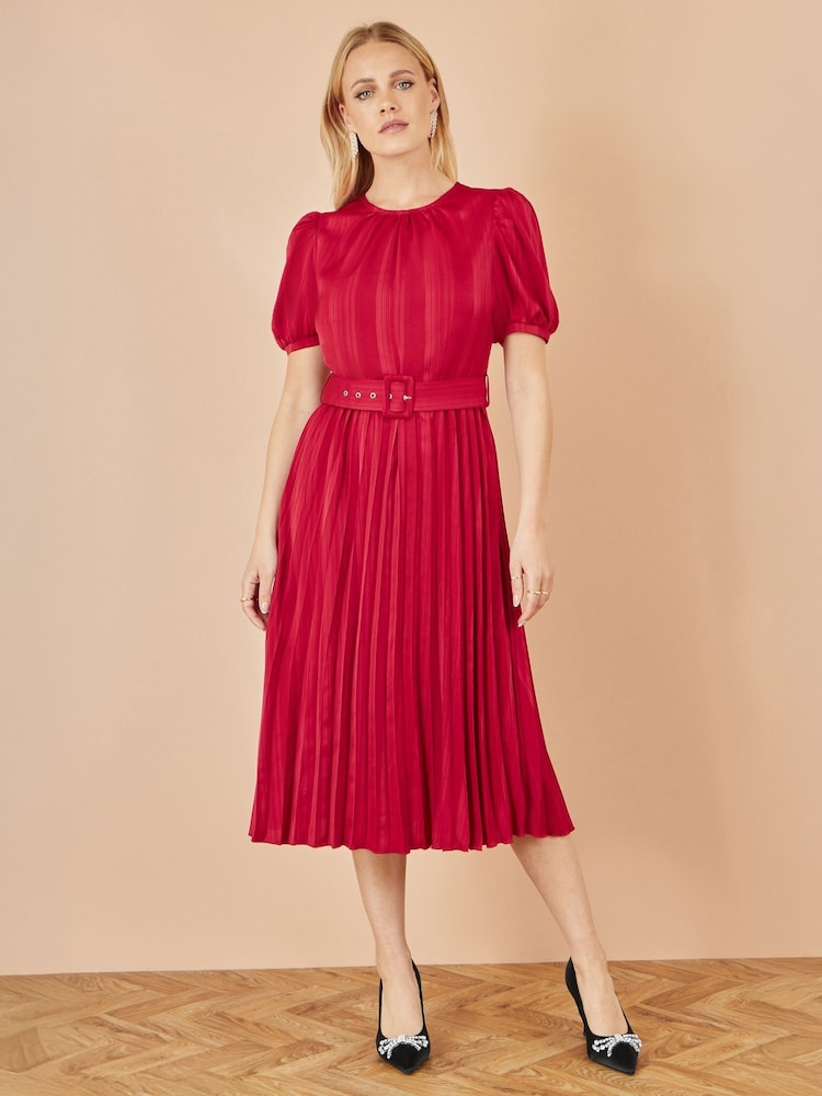 Yumi Red Satin Striped Midi Dress With Pleats and Matching Belt - Image 2 of 4 Yumi Red Satin Striped Midi Dress With Pleats and Matching Belt - Image 2 of 4