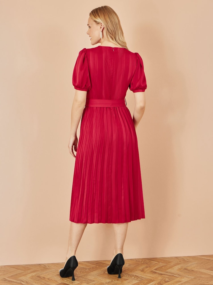 Yumi Red Satin Striped Midi Dress With Pleats and Matching Belt - Image 4 of 4 Yumi Red Satin Striped Midi Dress With Pleats and Matching Belt - Image 4 of 4