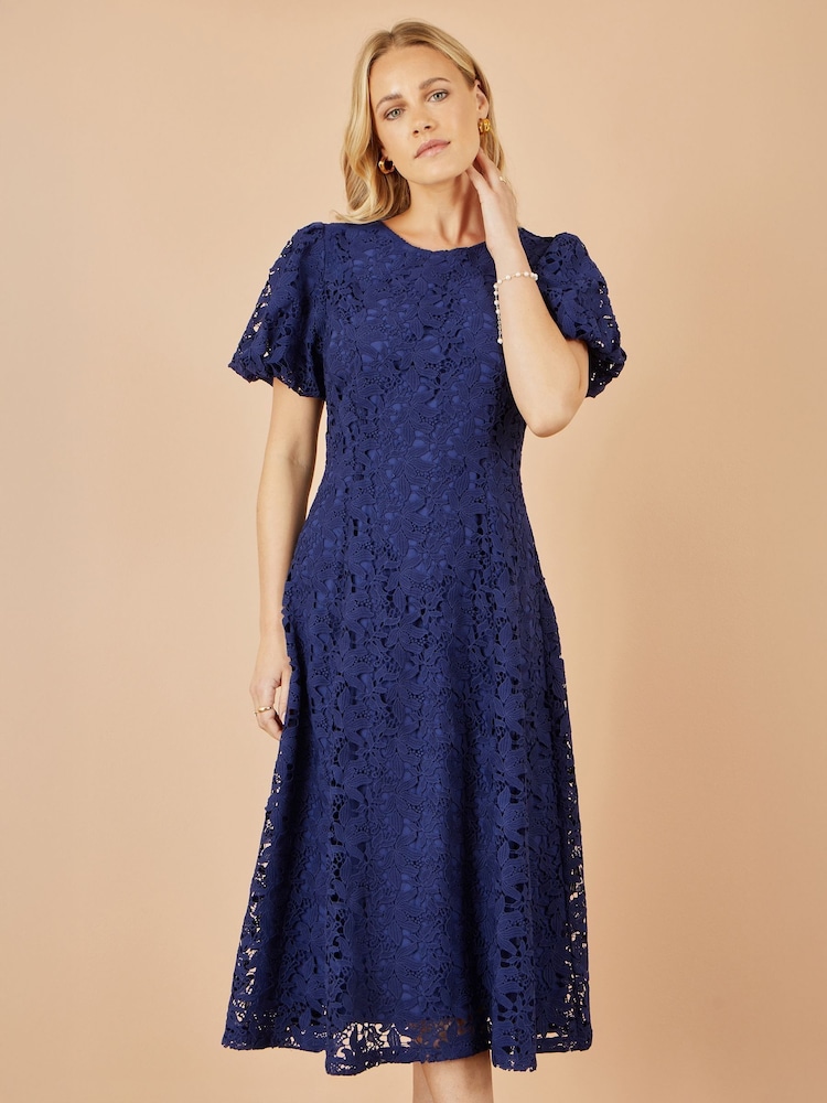 Yumi Blue Lace Midi Skater Dress - Image 1 of 4
