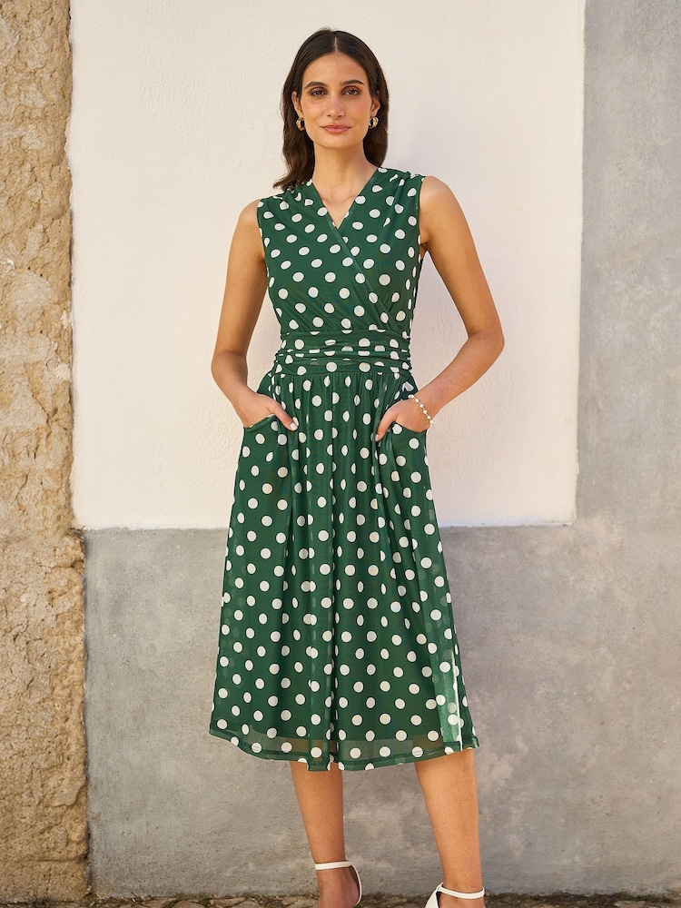 Yumi Green Polka Dot Mesh Wrap Skater Dress With Pockets - Image 2 of 4