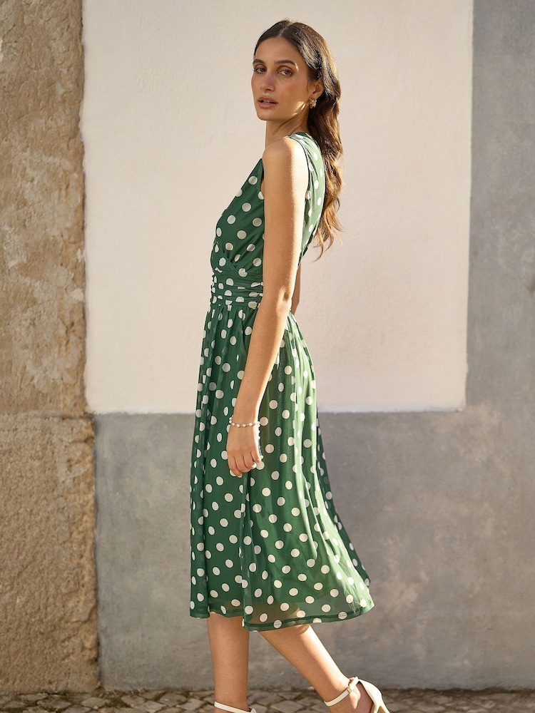 Yumi Green Polka Dot Mesh Wrap Skater Dress With Pockets - Image 4 of 4