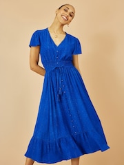 Yumi Blue Button Detail Midi Dress With Ruched Waist And Metallic Thread - Image 1 of 5