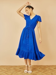 Yumi Blue Button Detail Midi Dress With Ruched Waist And Metallic Thread - Image 2 of 5