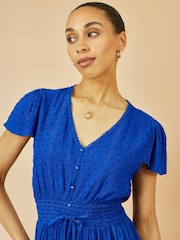 Yumi Blue Button Detail Midi Dress With Ruched Waist And Metallic Thread - Image 3 of 5