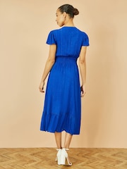 Yumi Blue Button Detail Midi Dress With Ruched Waist And Metallic Thread - Image 4 of 5