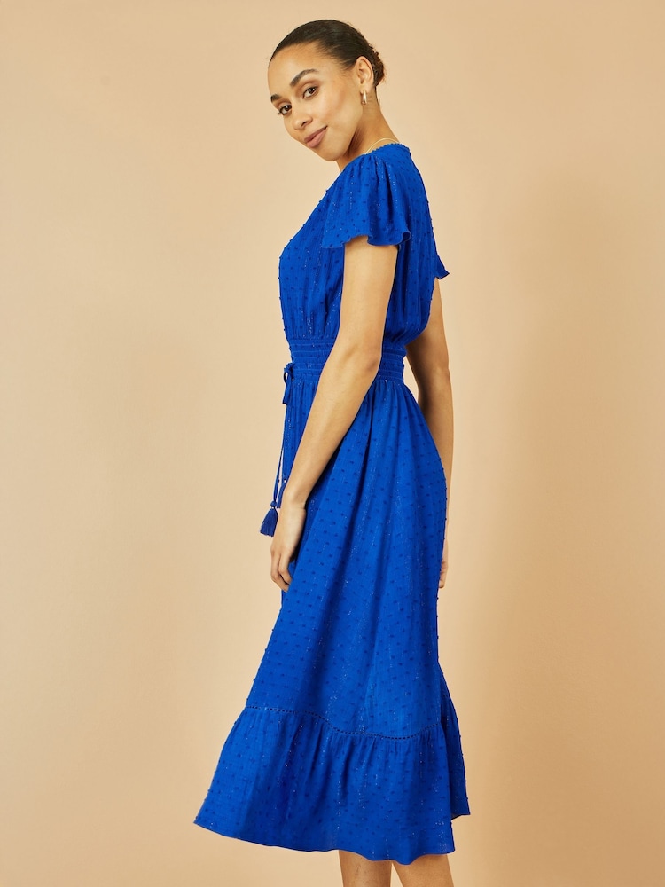 Yumi Blue Button Detail Midi Dress With Ruched Waist And Metallic Thread - Image 5 of 5