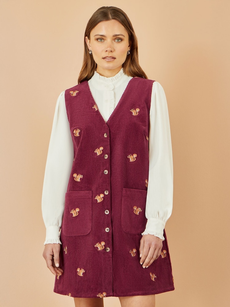 Yumi Burgundy Squirrel Embroidered Button Up Pinafore Dress - Image 1 of 4