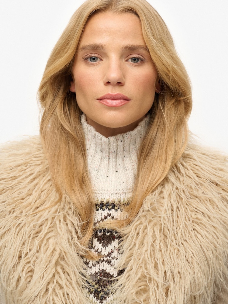 Superdry Beige Long Afghan Coat - Image 2 of 7 Superdry Beige Long Afghan Coat - Image 2 of 7