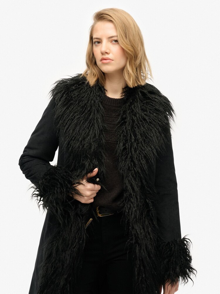 Superdry Black Long Afghan Coat - Image 2 of 7 Superdry Black Long Afghan Coat - Image 2 of 7